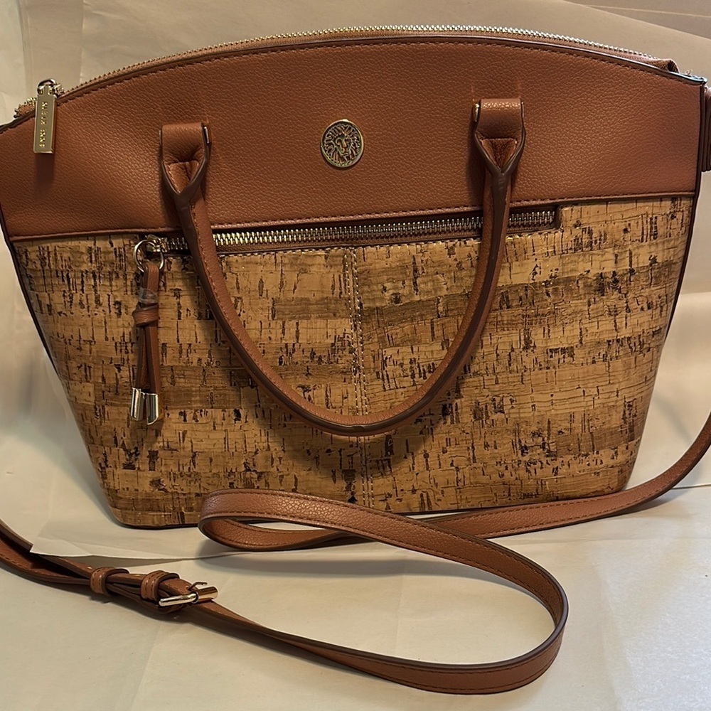 Anne Klein Brown Leather Satchel with Cork Accents